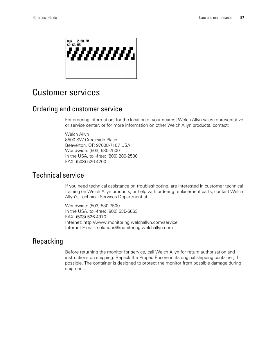 Customer services, Ordering and customer service, Technical service | Repacking | Welch Allyn Vital Signs Monitor, Propaq Encore - Quick Reference Guide User Manual | Page 103 / 144