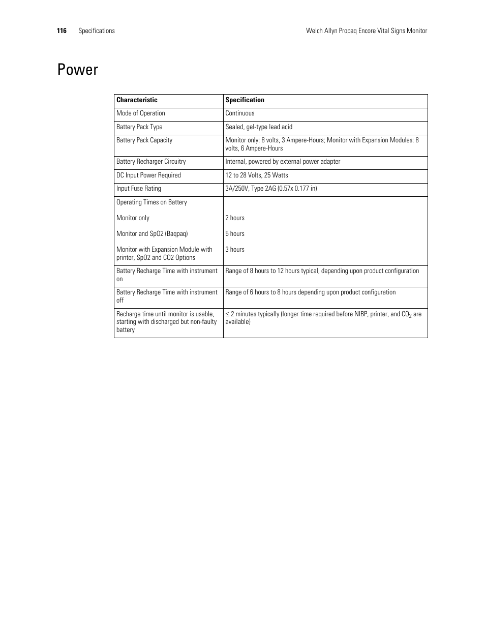 Power | Welch Allyn Vital Signs Monitor, Propaq Encore - Quick Reference Guide User Manual | Page 122 / 144