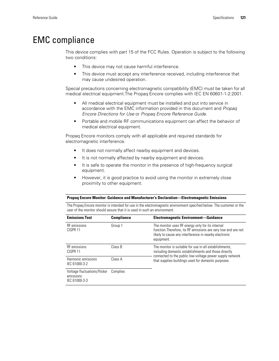 Emc compliance | Welch Allyn Vital Signs Monitor, Propaq Encore - Quick Reference Guide User Manual | Page 127 / 144