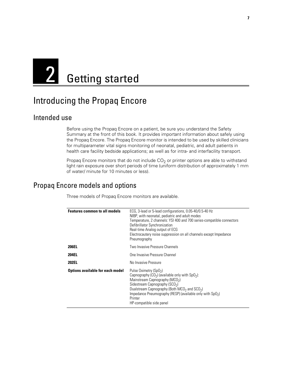 Getting started, Introducing the propaq encore, 2 - getting started | Intended use propaq encore models and options, Intended use, Propaq encore models and options | Welch Allyn Vital Signs Monitor, Propaq Encore - Quick Reference Guide User Manual | Page 13 / 144