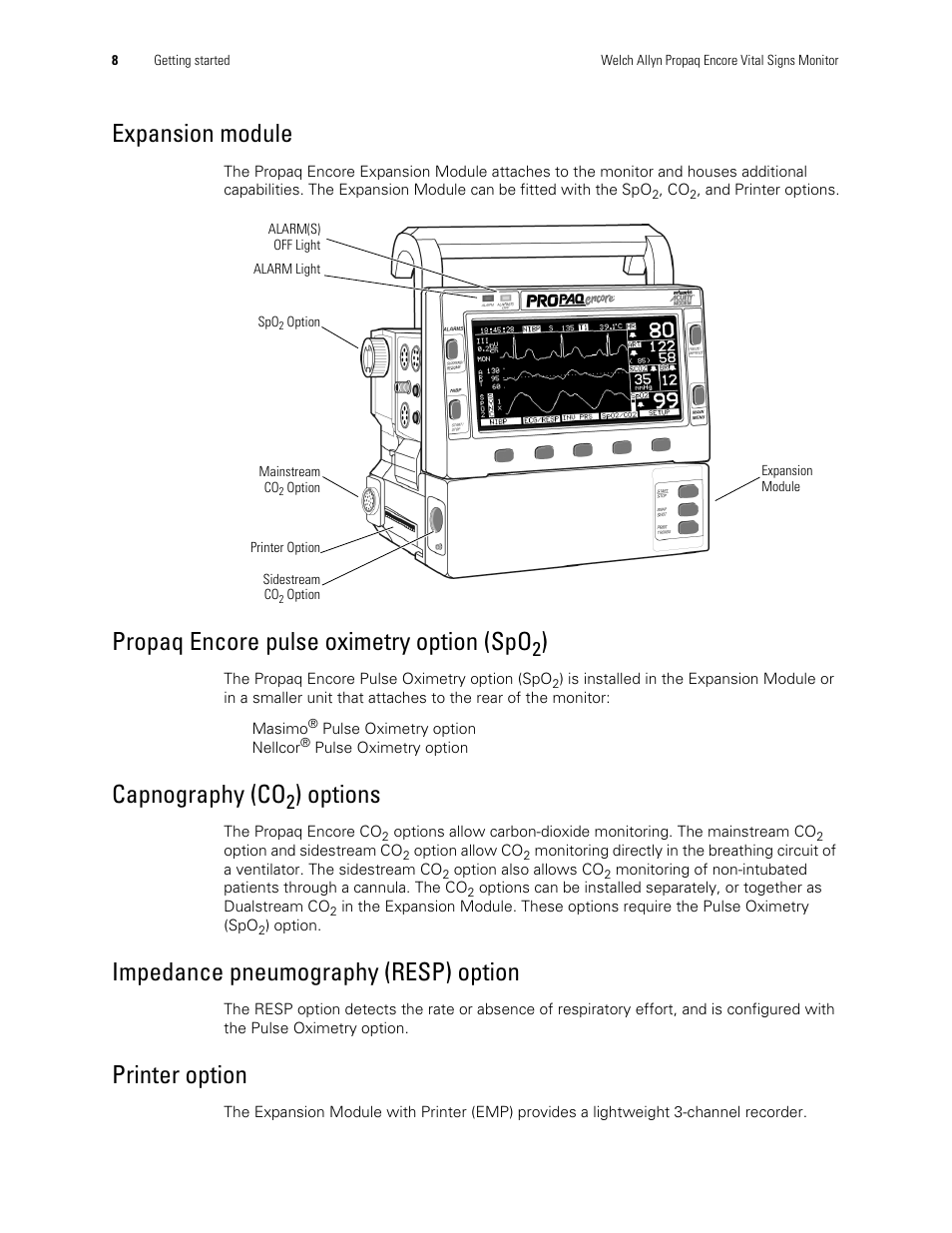 Capnography (co, Expansion module, Propaq encore pulse oximetry option (spo | Options, Impedance pneumography (resp) option, Printer option | Welch Allyn Vital Signs Monitor, Propaq Encore - Quick Reference Guide User Manual | Page 14 / 144