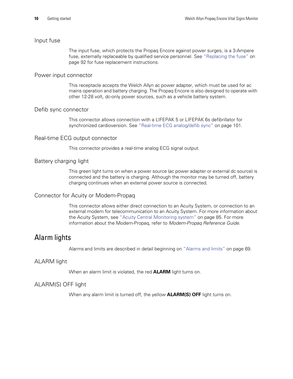 Alarm lights | Welch Allyn Vital Signs Monitor, Propaq Encore - Quick Reference Guide User Manual | Page 16 / 144