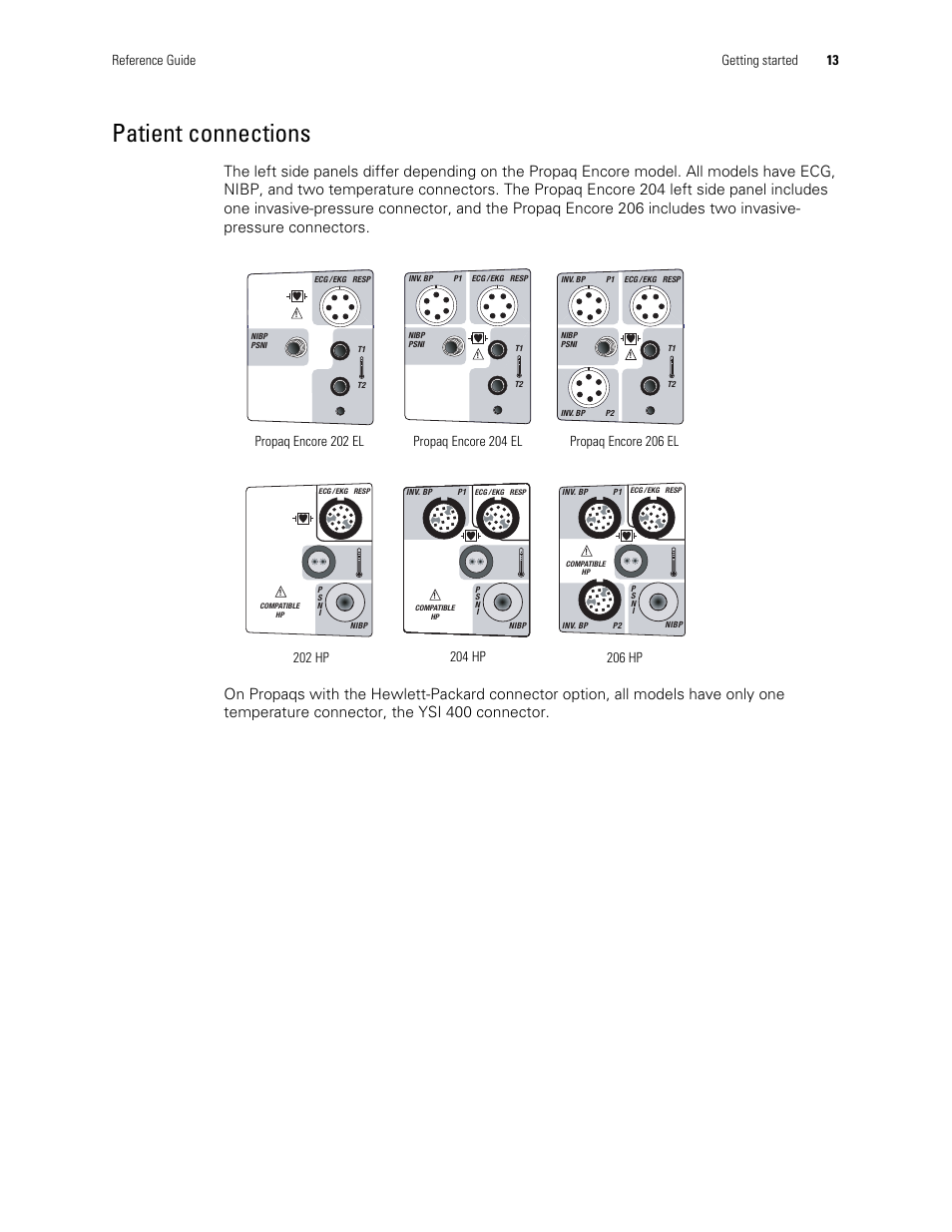Patient connections, Reference guide getting started 13, Propaq encore 206 el | Welch Allyn Vital Signs Monitor, Propaq Encore - Quick Reference Guide User Manual | Page 19 / 144