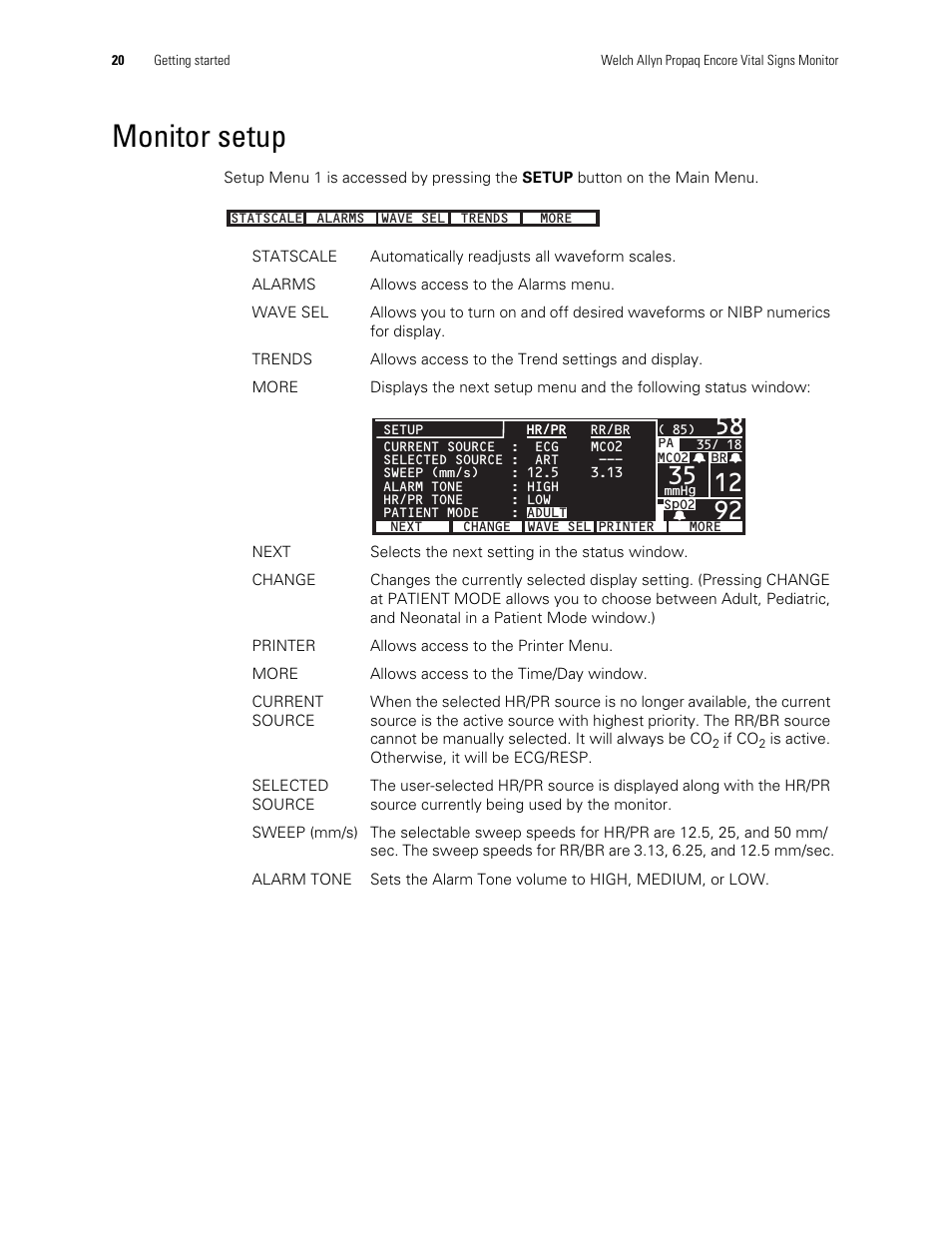 Monitor setup | Welch Allyn Vital Signs Monitor, Propaq Encore - Quick Reference Guide User Manual | Page 26 / 144