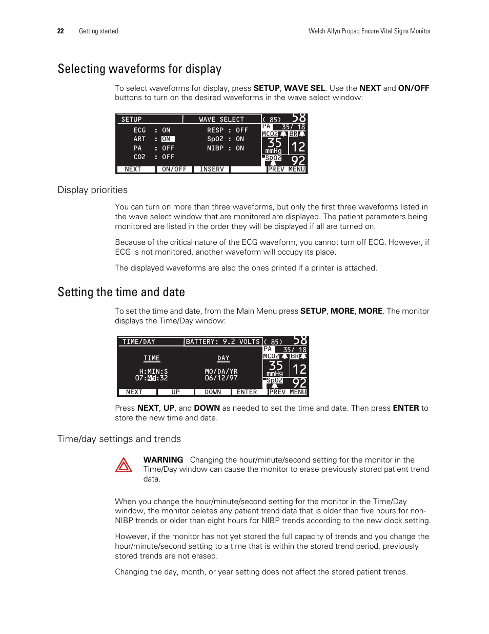 Selecting waveforms for display, Setting the time and date | Welch Allyn Vital Signs Monitor, Propaq Encore - Quick Reference Guide User Manual | Page 28 / 144