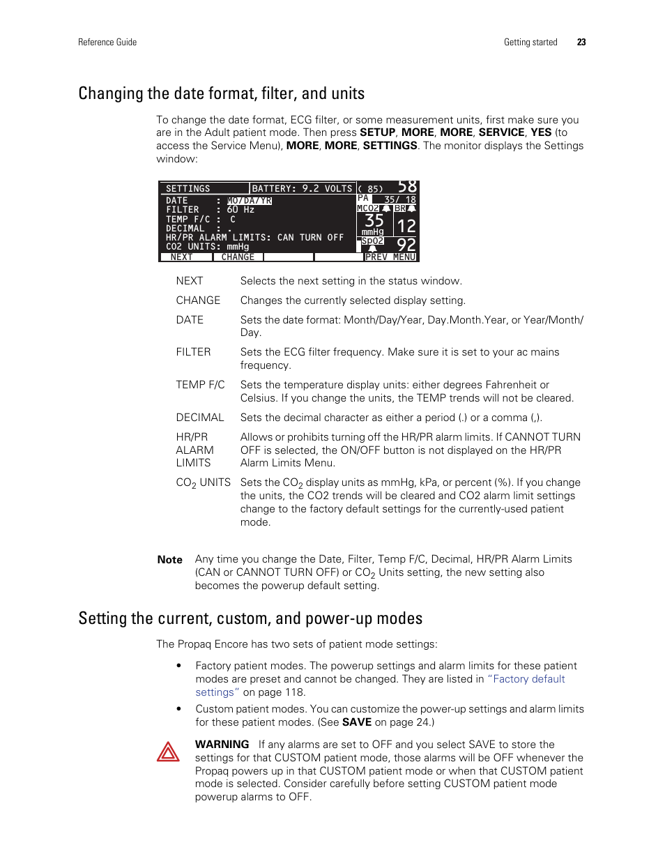 Changing the date format, filter, and units, Setting the current, custom, and power-up modes | Welch Allyn Vital Signs Monitor, Propaq Encore - Quick Reference Guide User Manual | Page 29 / 144