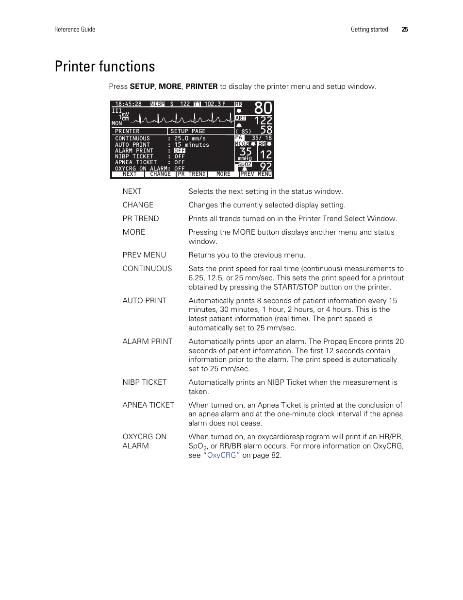 Printer functions | Welch Allyn Vital Signs Monitor, Propaq Encore - Quick Reference Guide User Manual | Page 31 / 144