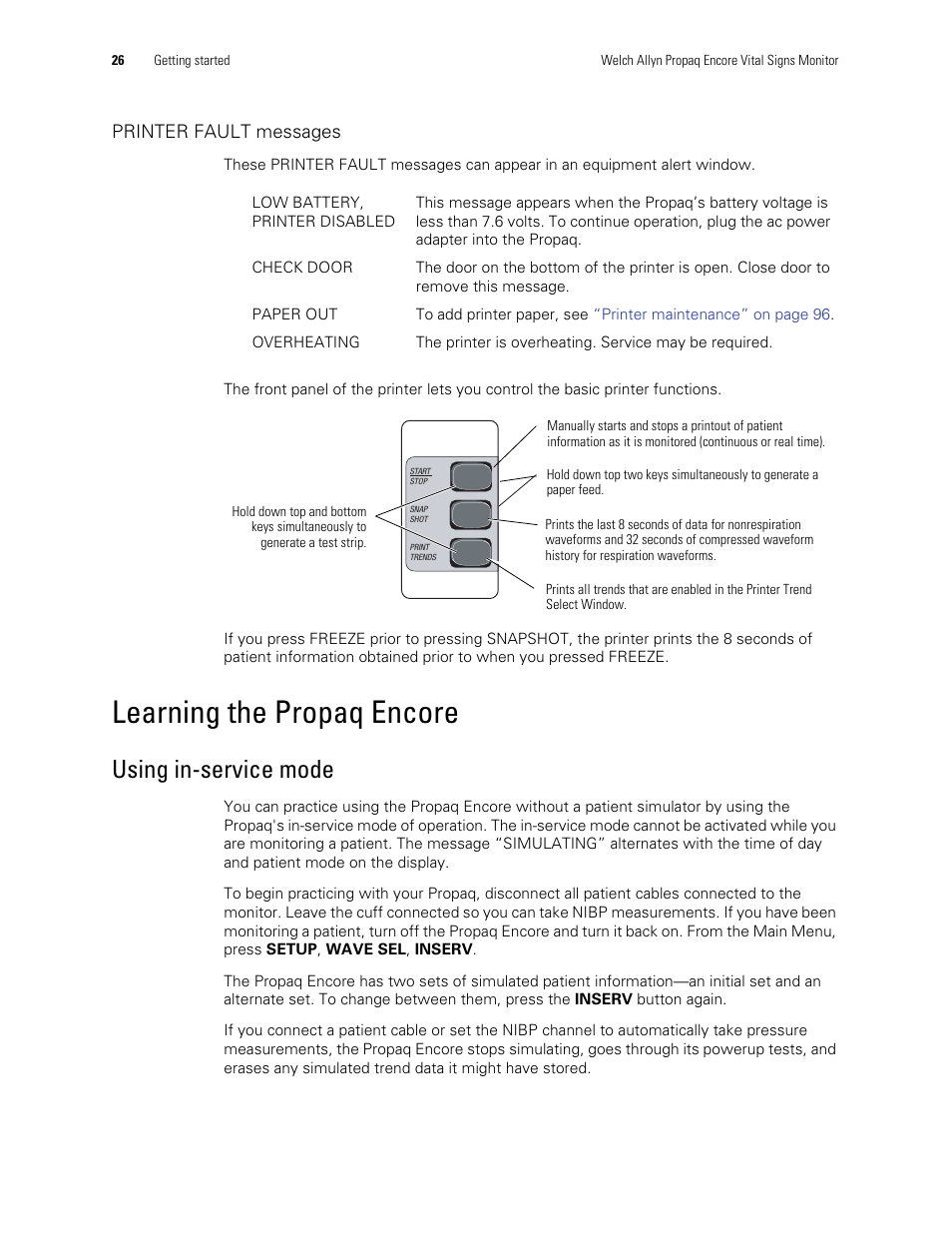 Learning the propaq encore, Using in-service mode | Welch Allyn Vital Signs Monitor, Propaq Encore - Quick Reference Guide User Manual | Page 32 / 144