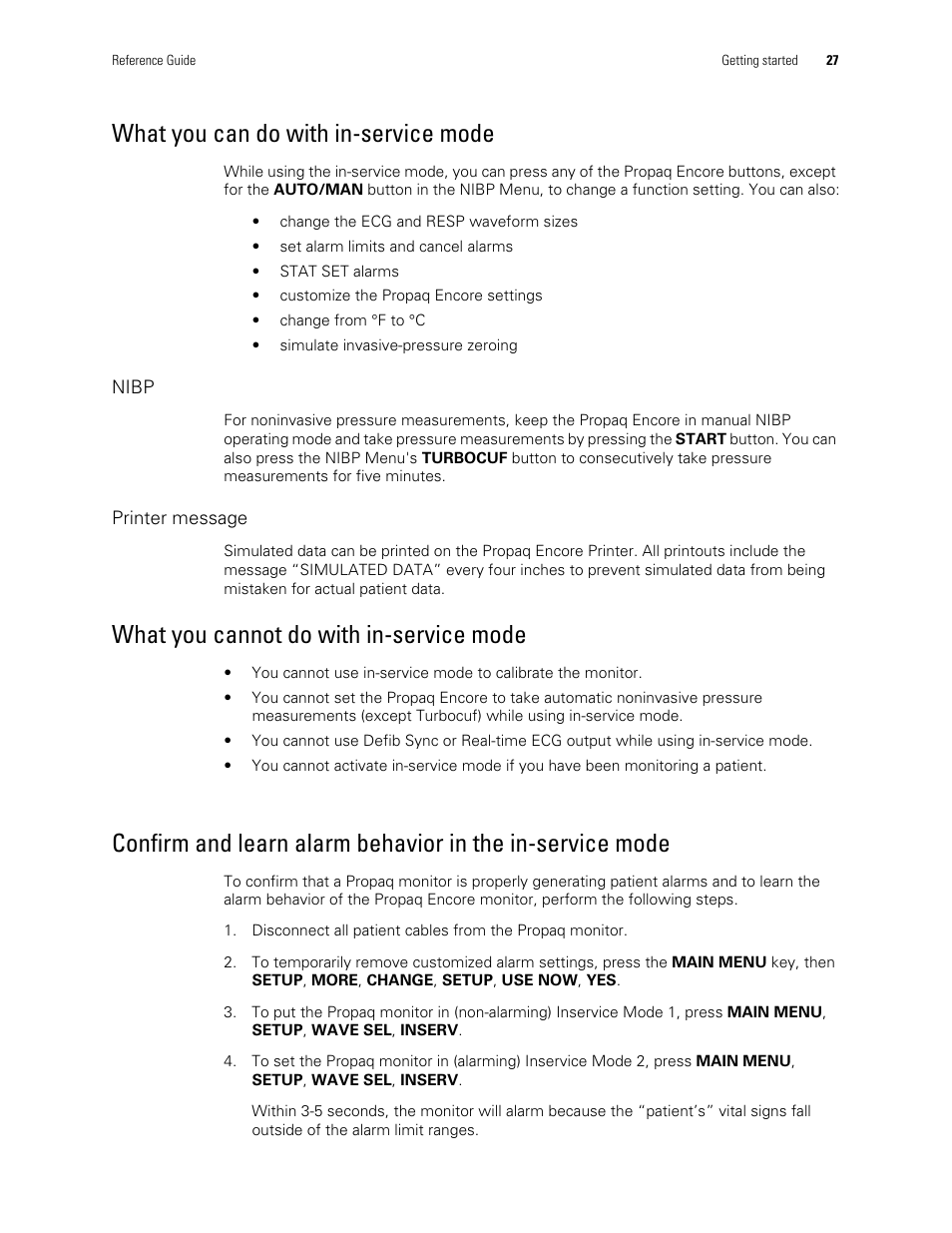 What you can do with in-service mode, What you cannot do with in-service mode | Welch Allyn Vital Signs Monitor, Propaq Encore - Quick Reference Guide User Manual | Page 33 / 144