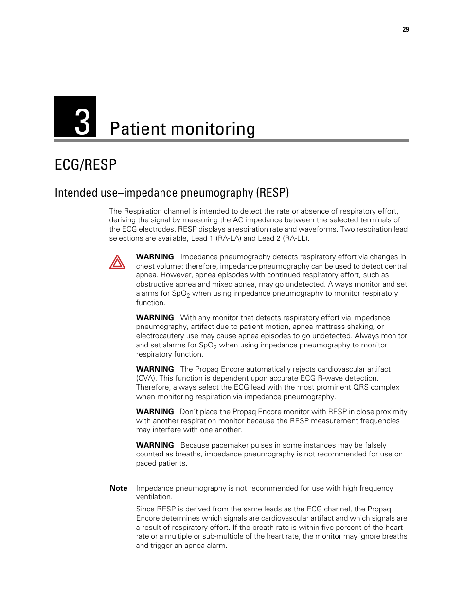 Patient monitoring, Ecg/resp, 3 - patient monitoring | Intended use–impedance pneumography (resp) | Welch Allyn Vital Signs Monitor, Propaq Encore - Quick Reference Guide User Manual | Page 35 / 144