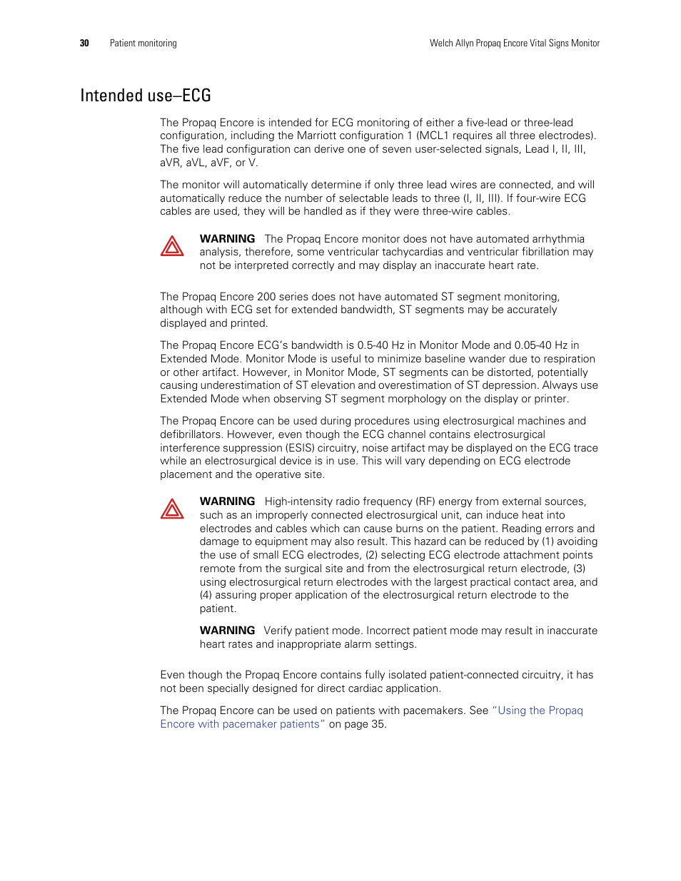 Intended use–ecg | Welch Allyn Vital Signs Monitor, Propaq Encore - Quick Reference Guide User Manual | Page 36 / 144
