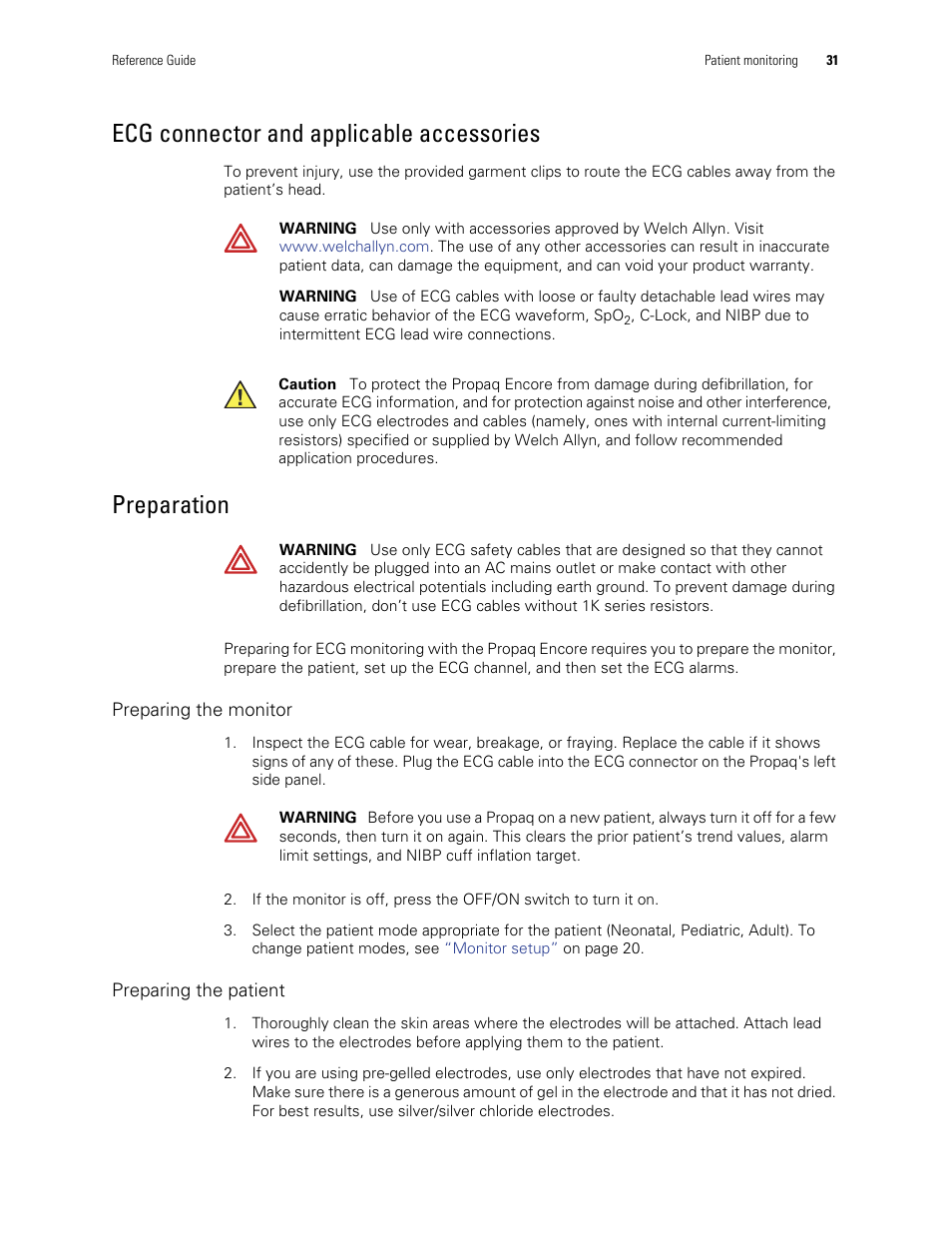 Ecg connector and applicable accessories, Preparation | Welch Allyn Vital Signs Monitor, Propaq Encore - Quick Reference Guide User Manual | Page 37 / 144
