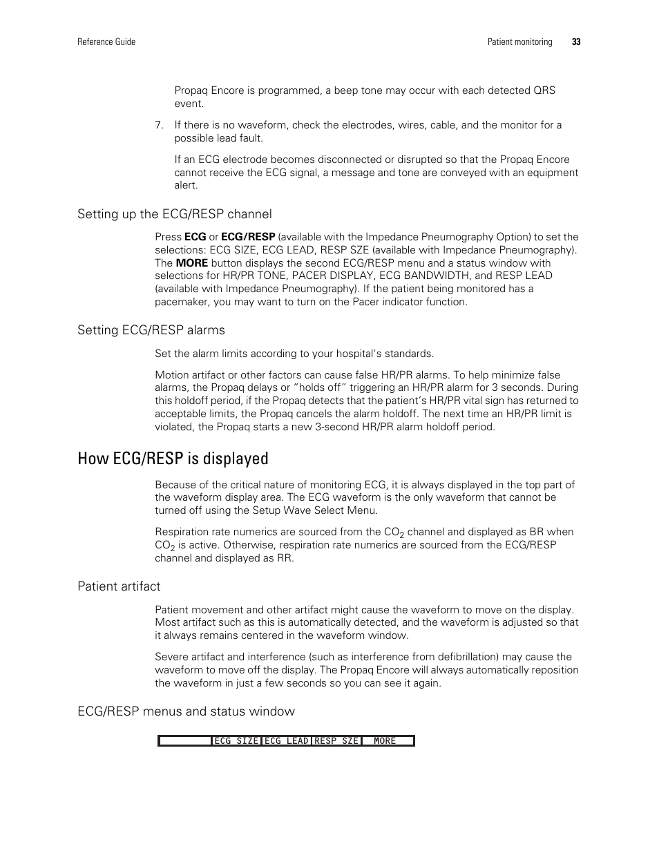 How ecg/resp is displayed | Welch Allyn Vital Signs Monitor, Propaq Encore - Quick Reference Guide User Manual | Page 39 / 144