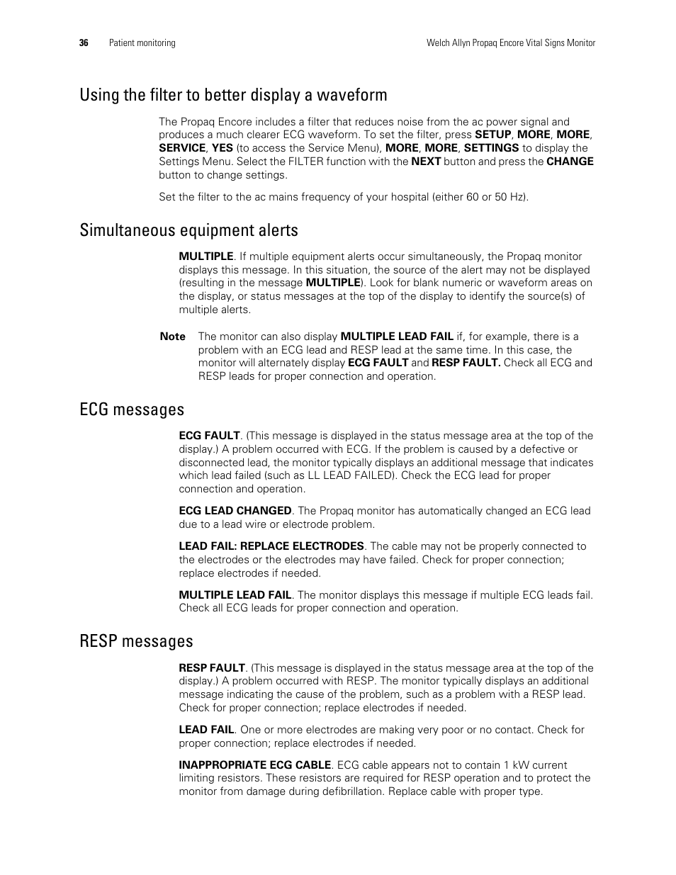 Using the filter to better display a waveform, Simultaneous equipment alerts, Ecg messages | Resp messages | Welch Allyn Vital Signs Monitor, Propaq Encore - Quick Reference Guide User Manual | Page 42 / 144