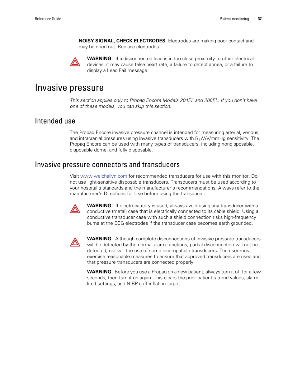 Invasive pressure, Intended use, Invasive pressure connectors and transducers | Welch Allyn Vital Signs Monitor, Propaq Encore - Quick Reference Guide User Manual | Page 43 / 144