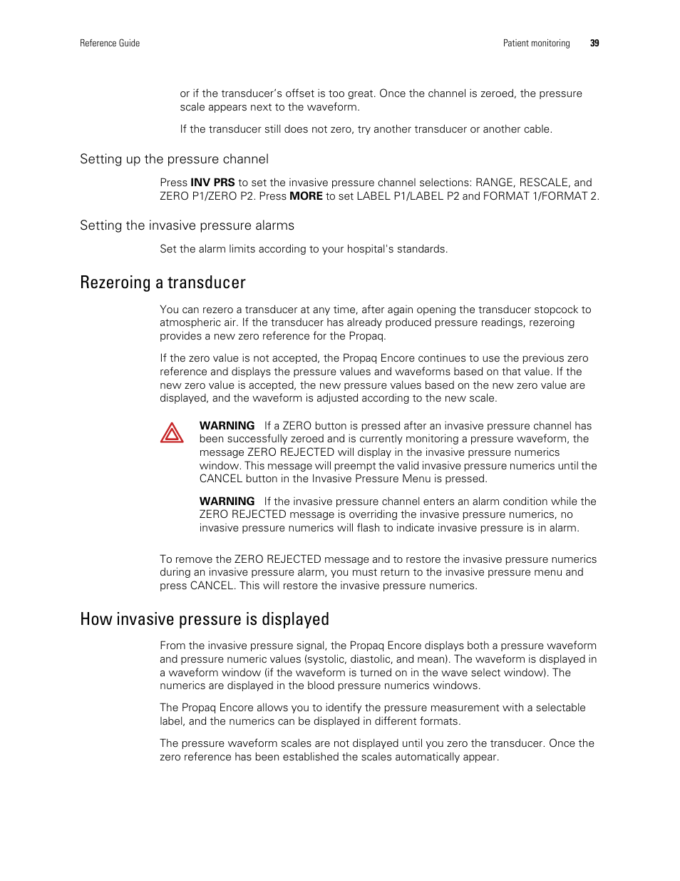 Rezeroing a transducer, How invasive pressure is displayed | Welch Allyn Vital Signs Monitor, Propaq Encore - Quick Reference Guide User Manual | Page 45 / 144