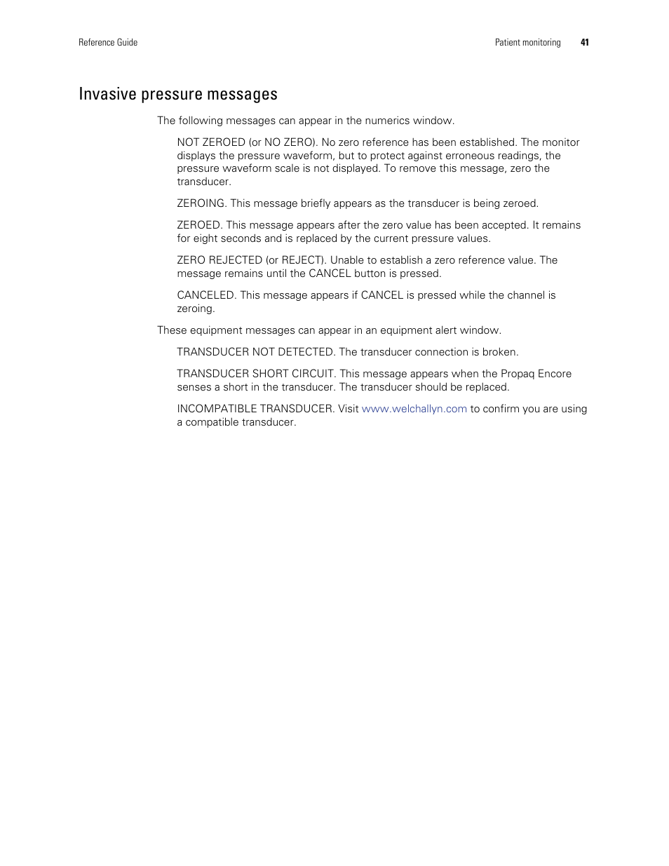 Invasive pressure messages | Welch Allyn Vital Signs Monitor, Propaq Encore - Quick Reference Guide User Manual | Page 47 / 144