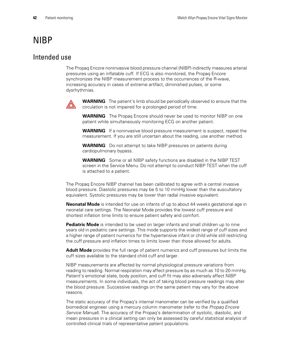 Nibp, Intended use | Welch Allyn Vital Signs Monitor, Propaq Encore - Quick Reference Guide User Manual | Page 48 / 144