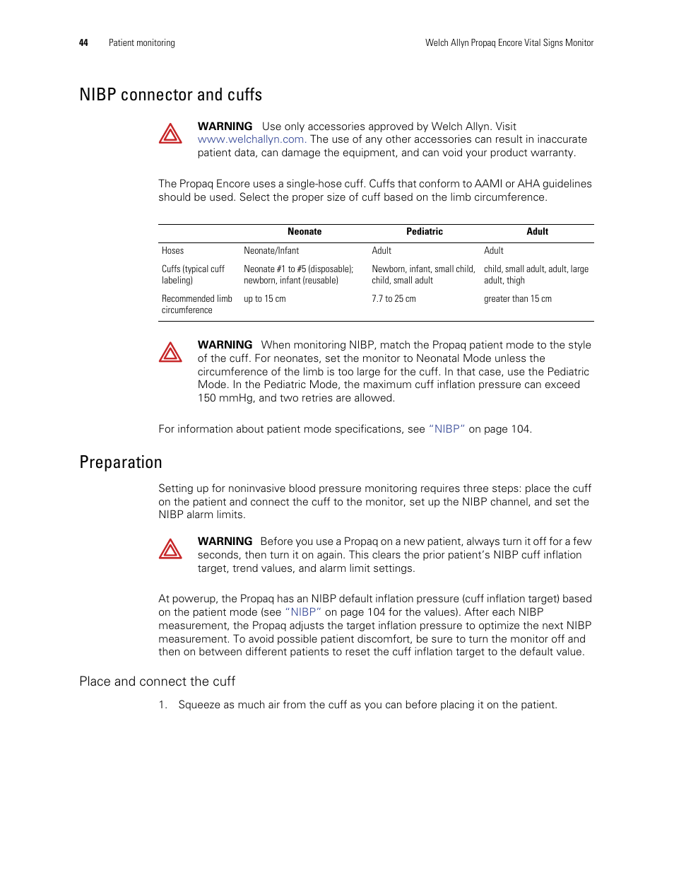 Nibp connector and cuffs preparation, Nibp connector and cuffs, Preparation | Welch Allyn Vital Signs Monitor, Propaq Encore - Quick Reference Guide User Manual | Page 50 / 144