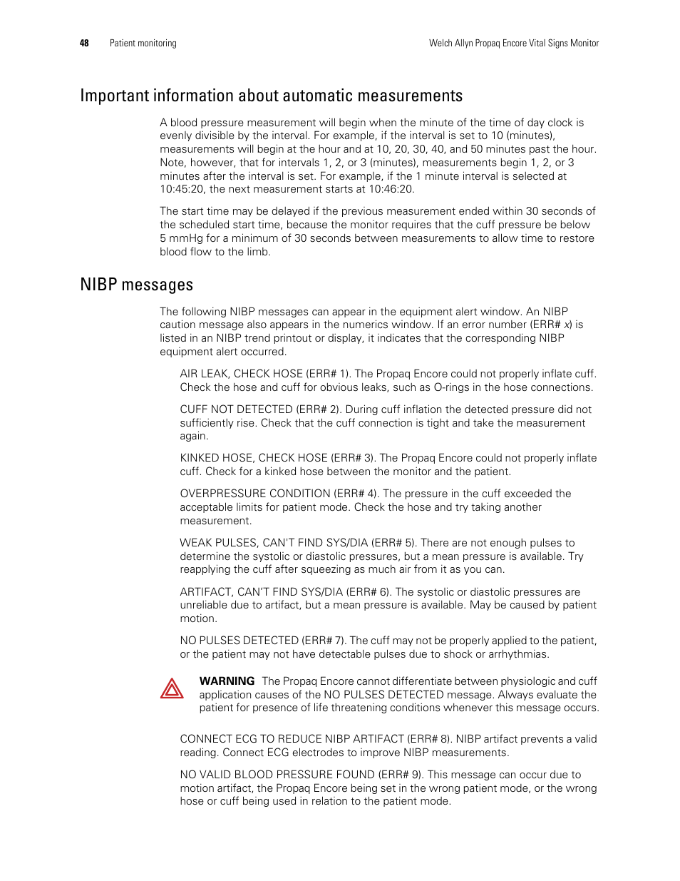 Important information about automatic measurements, Nibp messages | Welch Allyn Vital Signs Monitor, Propaq Encore - Quick Reference Guide User Manual | Page 54 / 144