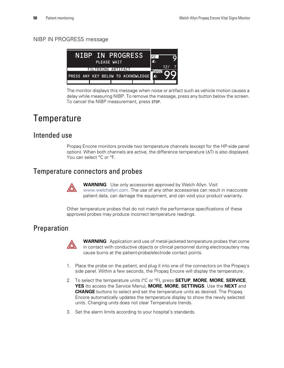 Temperature, Intended use, Temperature connectors and probes | Preparation, 9nibp in progress | Welch Allyn Vital Signs Monitor, Propaq Encore - Quick Reference Guide User Manual | Page 56 / 144