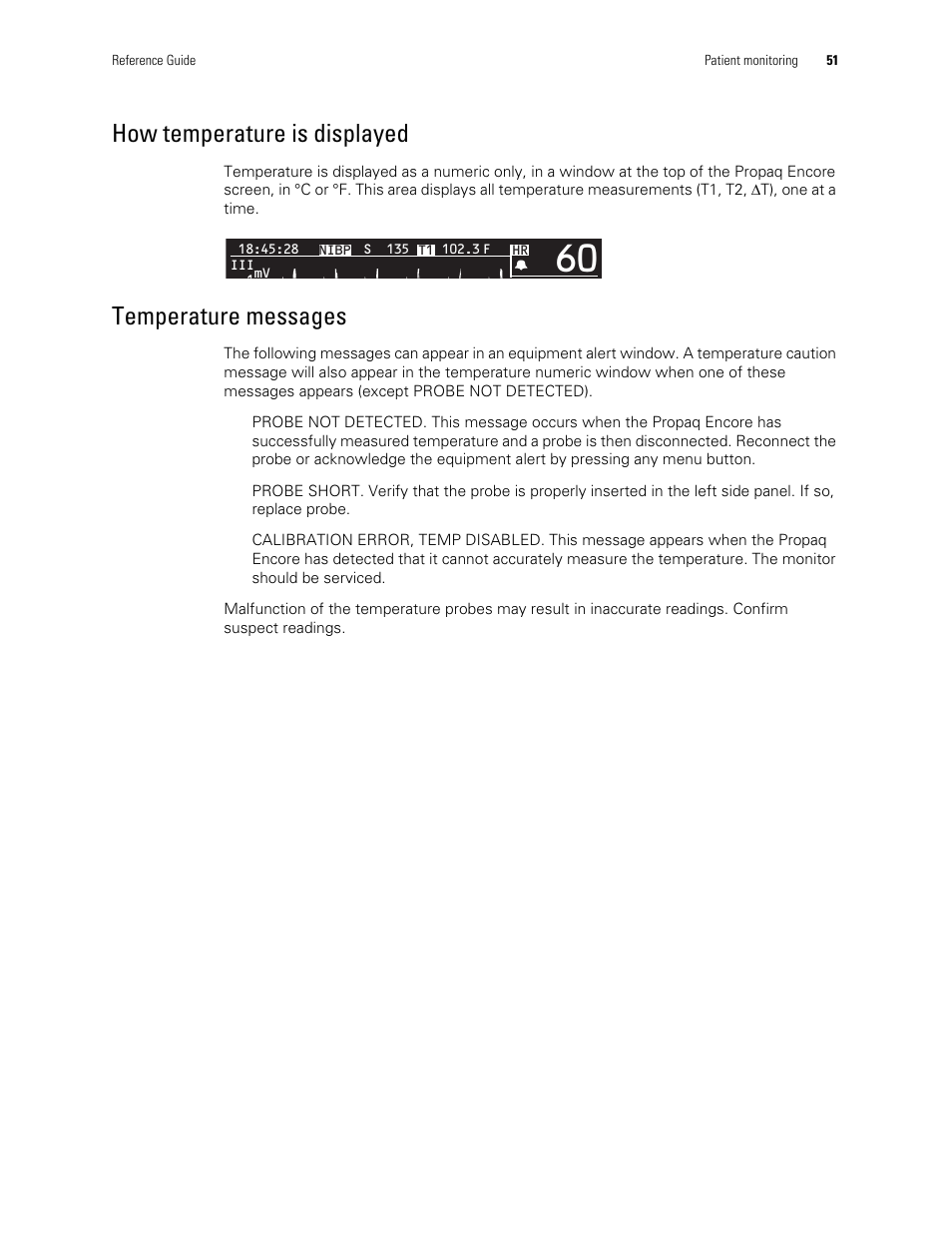 How temperature is displayed temperature messages, How temperature is displayed, Temperature messages | Welch Allyn Vital Signs Monitor, Propaq Encore - Quick Reference Guide User Manual | Page 57 / 144