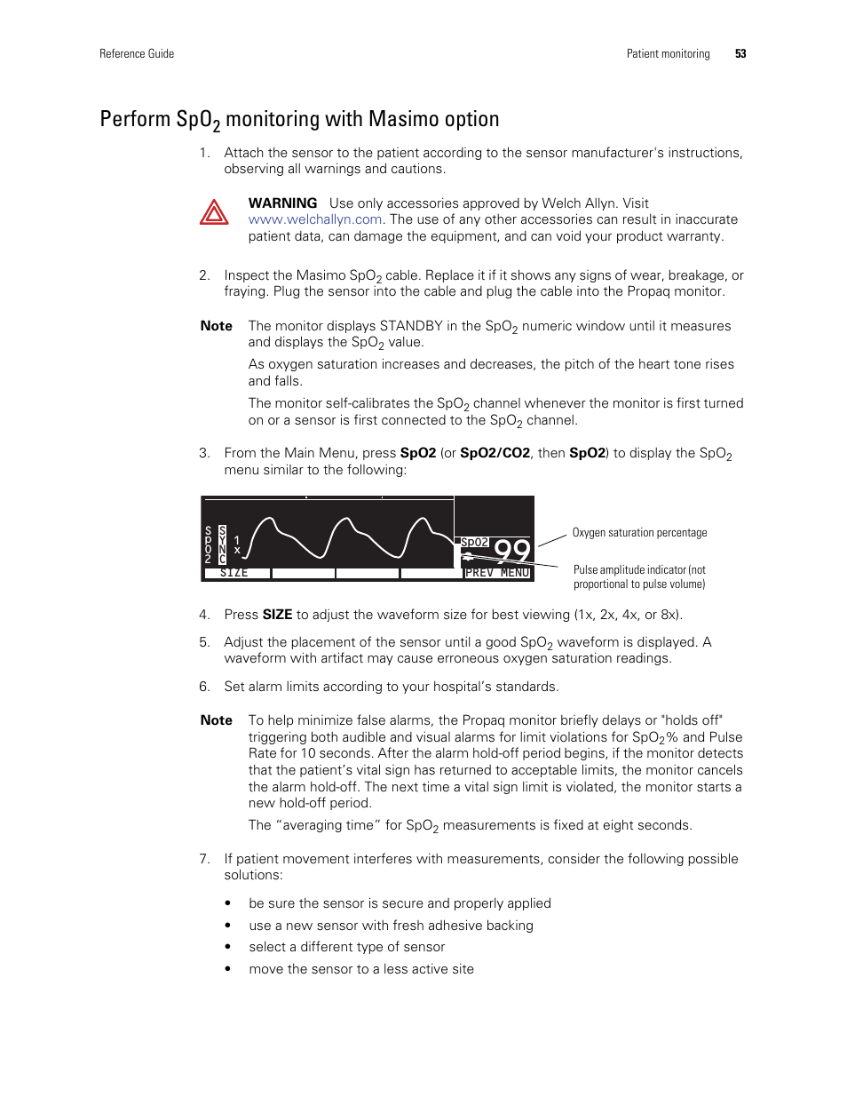 Perform spo2 monitoring with masimo option, Perform spo, Monitoring with masimo option | Welch Allyn Vital Signs Monitor, Propaq Encore - Quick Reference Guide User Manual | Page 59 / 144