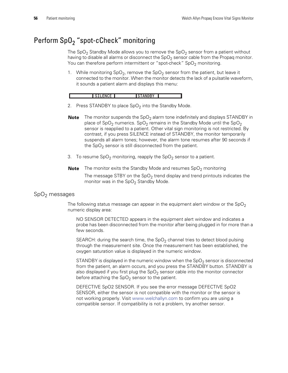 Perform spo, Spot-ccheck” monitoring, Messages | Welch Allyn Vital Signs Monitor, Propaq Encore - Quick Reference Guide User Manual | Page 62 / 144