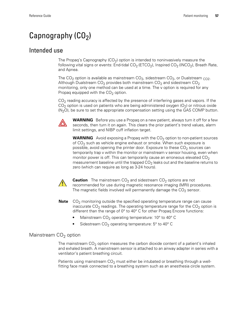 Capnography (co2), Intended use, Capnography (co | Welch Allyn Vital Signs Monitor, Propaq Encore - Quick Reference Guide User Manual | Page 63 / 144