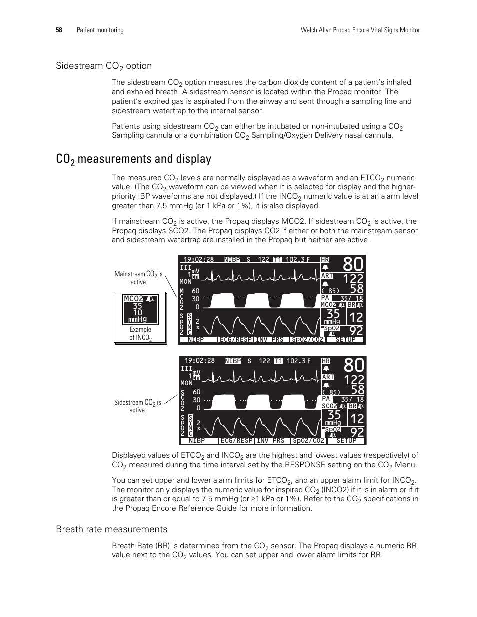 Co2 measurements and display, Measurements and display | Welch Allyn Vital Signs Monitor, Propaq Encore - Quick Reference Guide User Manual | Page 64 / 144