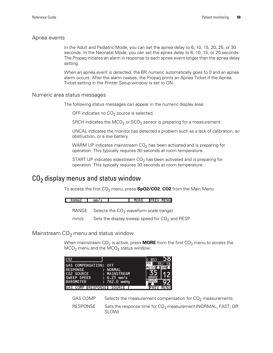 Co2 display menus and status window, Display menus and status window | Welch Allyn Vital Signs Monitor, Propaq Encore - Quick Reference Guide User Manual | Page 65 / 144