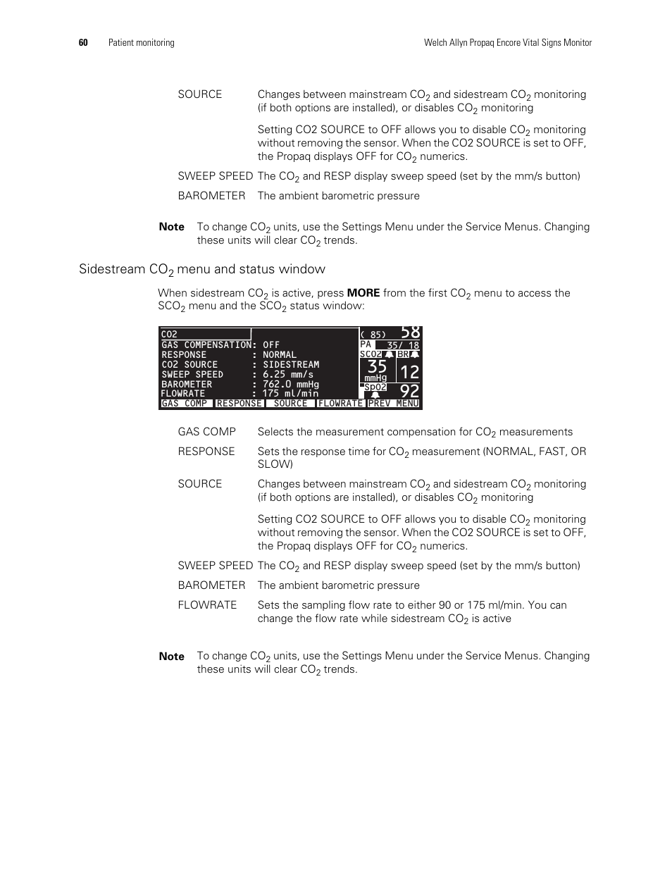 Sidestream co, Menu and status window | Welch Allyn Vital Signs Monitor, Propaq Encore - Quick Reference Guide User Manual | Page 66 / 144