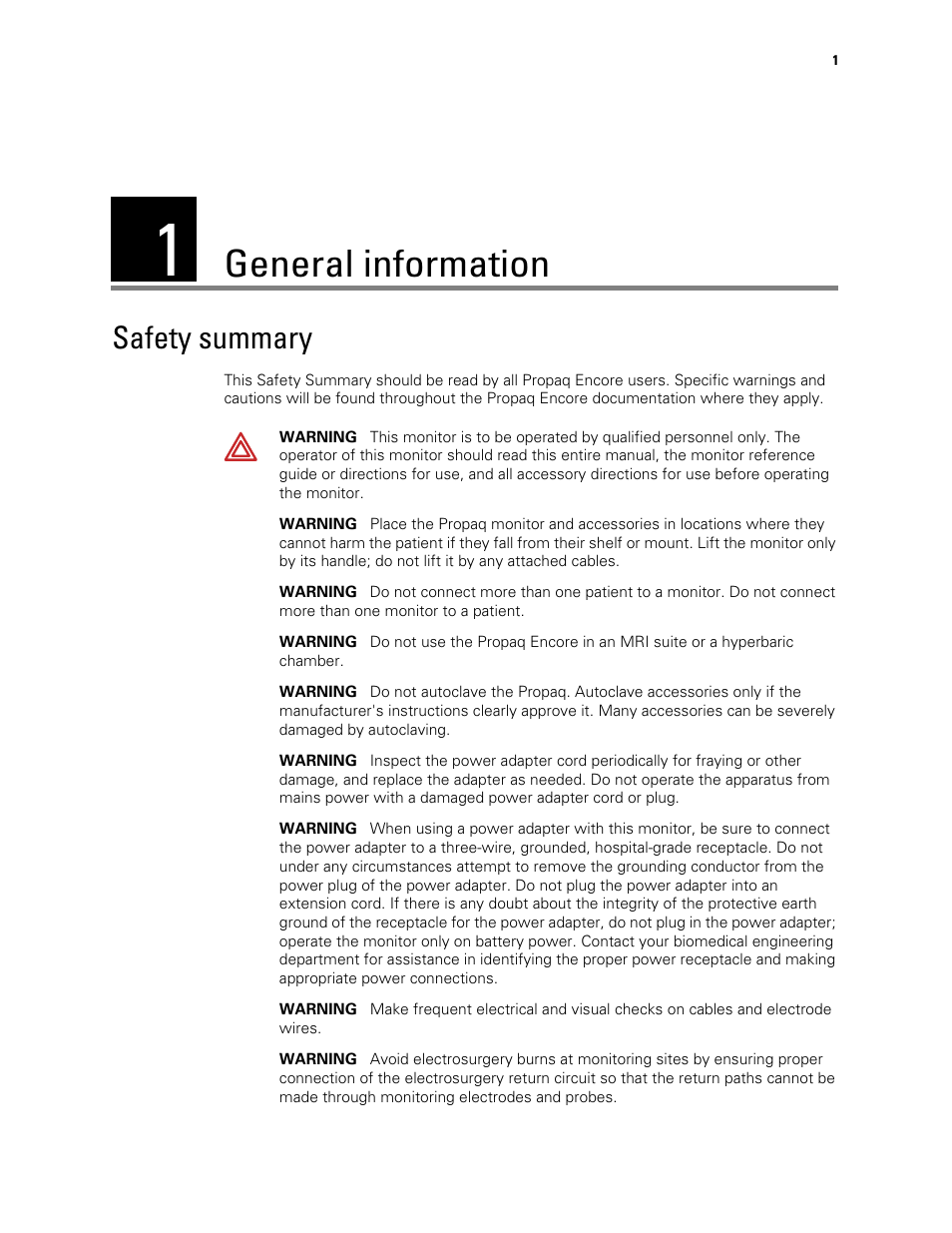 General information, Safety summary, 1 - general information | Welch Allyn Vital Signs Monitor, Propaq Encore - Quick Reference Guide User Manual | Page 7 / 144