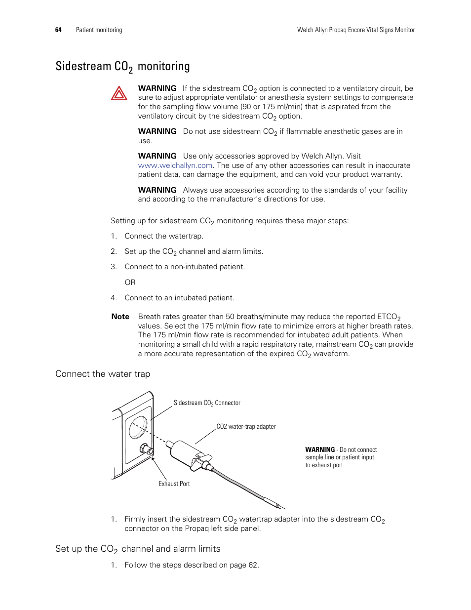 Sidestream co2 monitoring, Sidestream co, Monitoring | Welch Allyn Vital Signs Monitor, Propaq Encore - Quick Reference Guide User Manual | Page 70 / 144