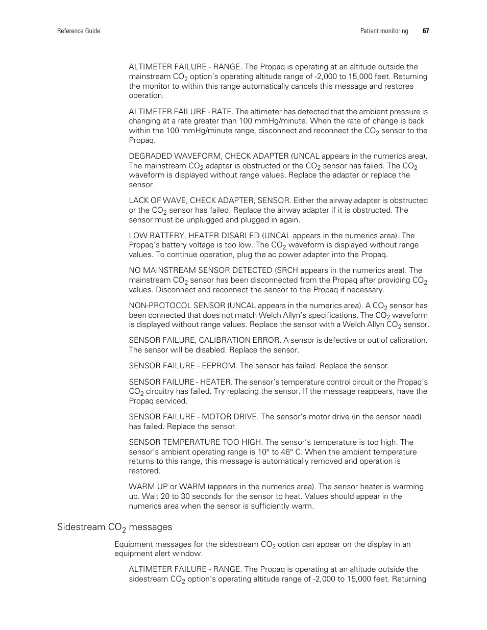 Sidestream co, Messages | Welch Allyn Vital Signs Monitor, Propaq Encore - Quick Reference Guide User Manual | Page 73 / 144