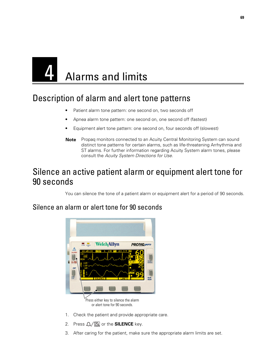 Alarms and limits, Description of alarm and alert tone patterns, 4 - alarms and limits | Silence an alarm or alert tone for 90 seconds | Welch Allyn Vital Signs Monitor, Propaq Encore - Quick Reference Guide User Manual | Page 75 / 144