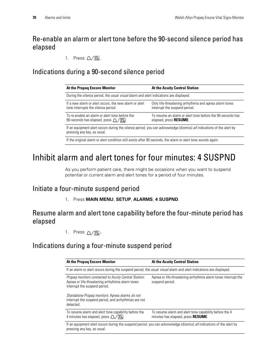 Indications during a 90-second silence period, Initiate a four-minute suspend period, Indications during a four-minute suspend period | Welch Allyn Vital Signs Monitor, Propaq Encore - Quick Reference Guide User Manual | Page 76 / 144