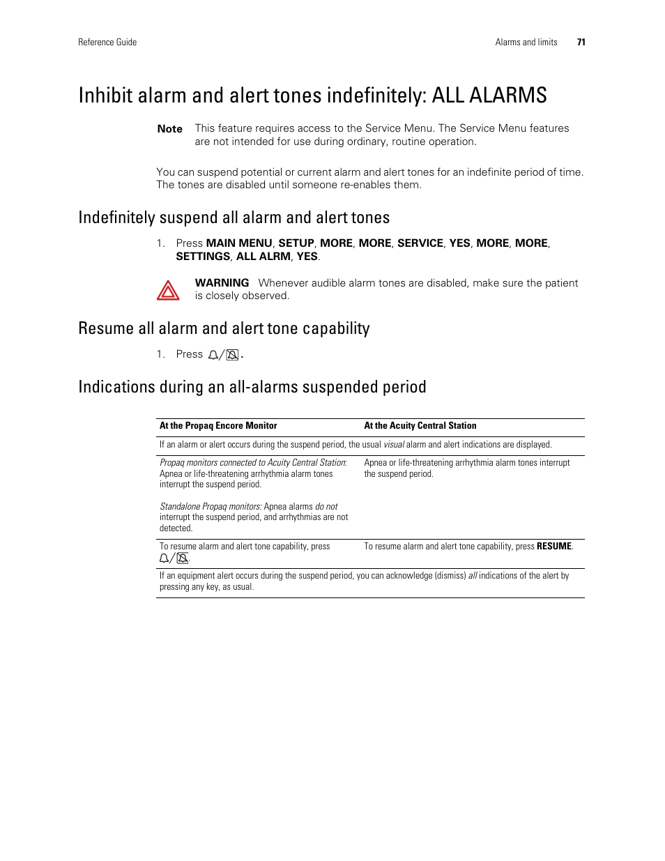 Indefinitely suspend all alarm and alert tones, Resume all alarm and alert tone capability, Indications during an all-alarms suspended period | Welch Allyn Vital Signs Monitor, Propaq Encore - Quick Reference Guide User Manual | Page 77 / 144