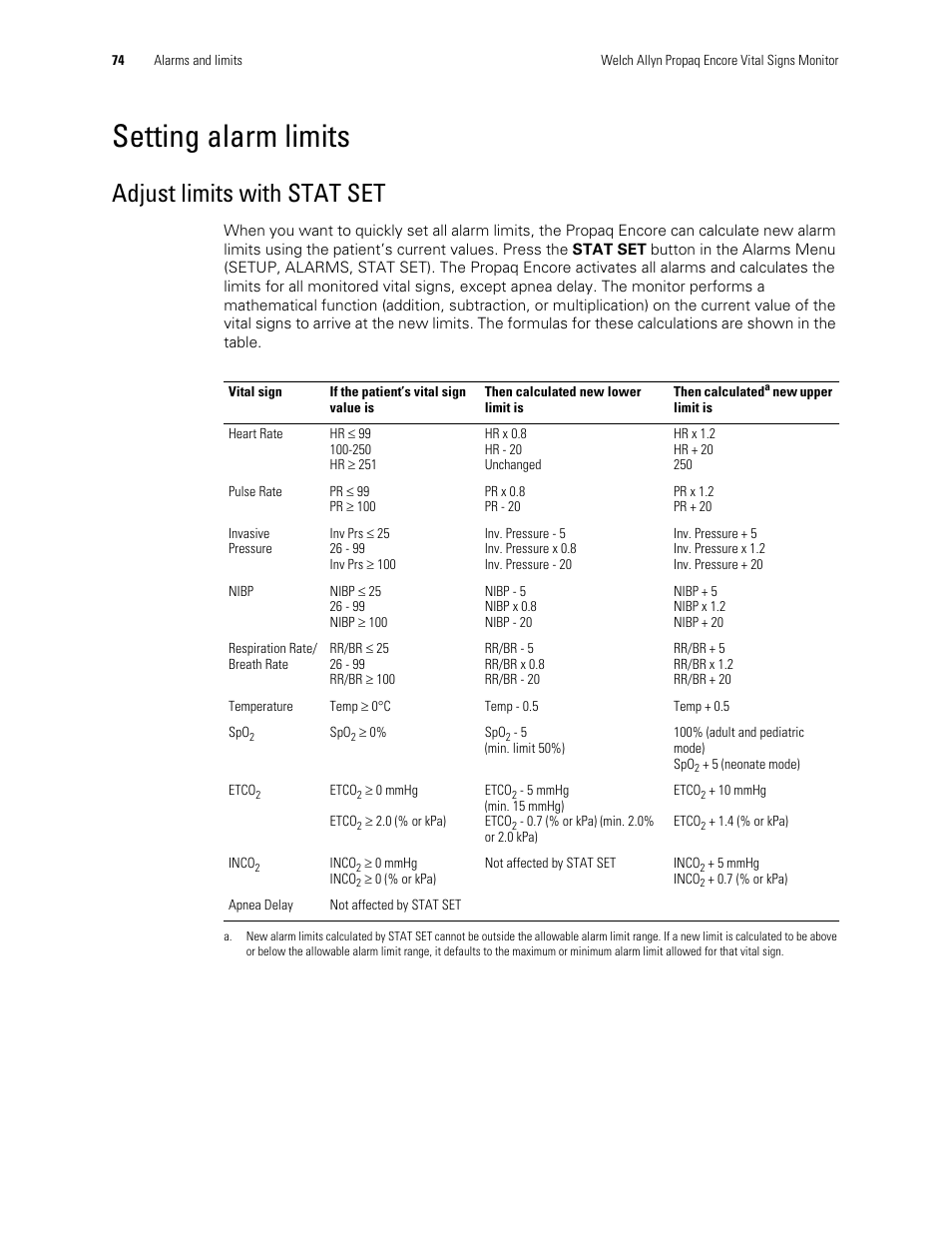 Setting alarm limits, Adjust limits with stat set | Welch Allyn Vital Signs Monitor, Propaq Encore - Quick Reference Guide User Manual | Page 80 / 144