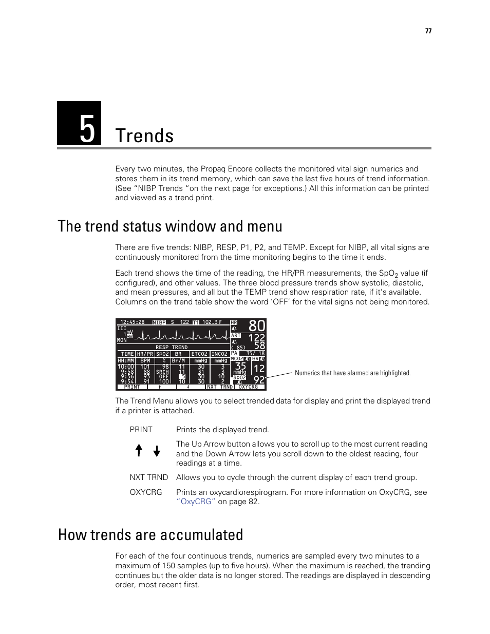 Trends, The trend status window and menu, How trends are accumulated | 5 - trends | Welch Allyn Vital Signs Monitor, Propaq Encore - Quick Reference Guide User Manual | Page 83 / 144