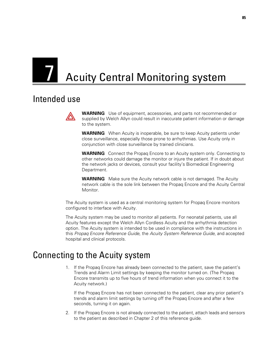 Acuity central monitoring system, Intended use, Connecting to the acuity system | 7 - acuity central monitoring system, Intended use connecting to the acuity system | Welch Allyn Vital Signs Monitor, Propaq Encore - Quick Reference Guide User Manual | Page 91 / 144