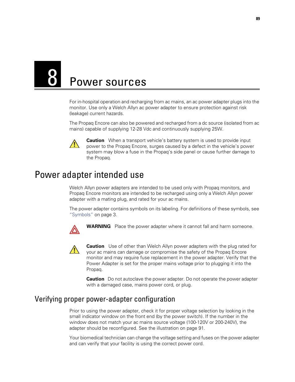 Power sources, Power adapter intended use, 8 - power sources | Verifying proper power-adapter configuration | Welch Allyn Vital Signs Monitor, Propaq Encore - Quick Reference Guide User Manual | Page 95 / 144