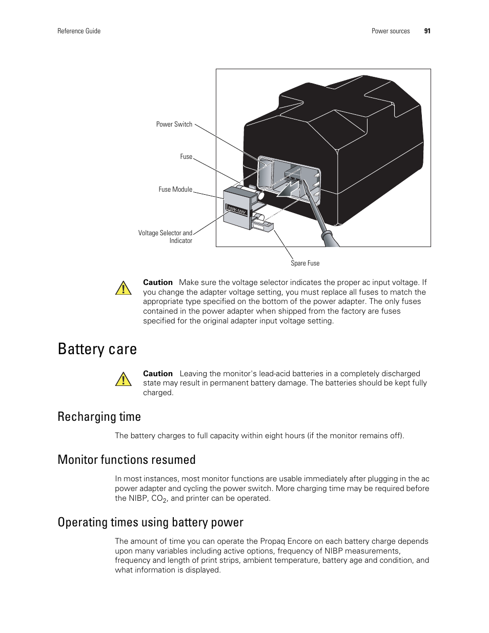Battery care, Recharging time, Monitor functions resumed | Operating times using battery power | Welch Allyn Vital Signs Monitor, Propaq Encore - Quick Reference Guide User Manual | Page 97 / 144