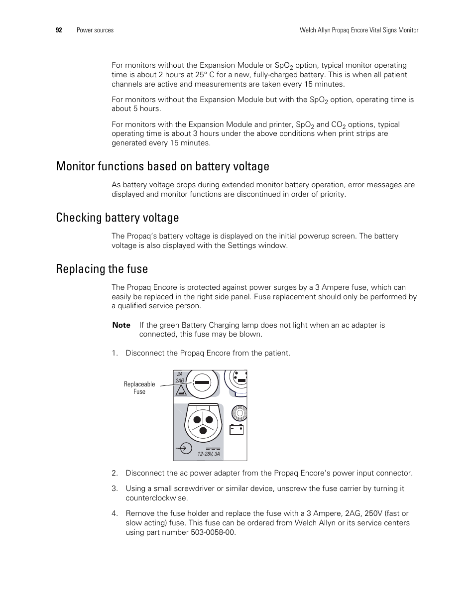 Replacing the fuse, Monitor functions based on battery voltage, Checking battery voltage | Welch Allyn Vital Signs Monitor, Propaq Encore - Quick Reference Guide User Manual | Page 98 / 144