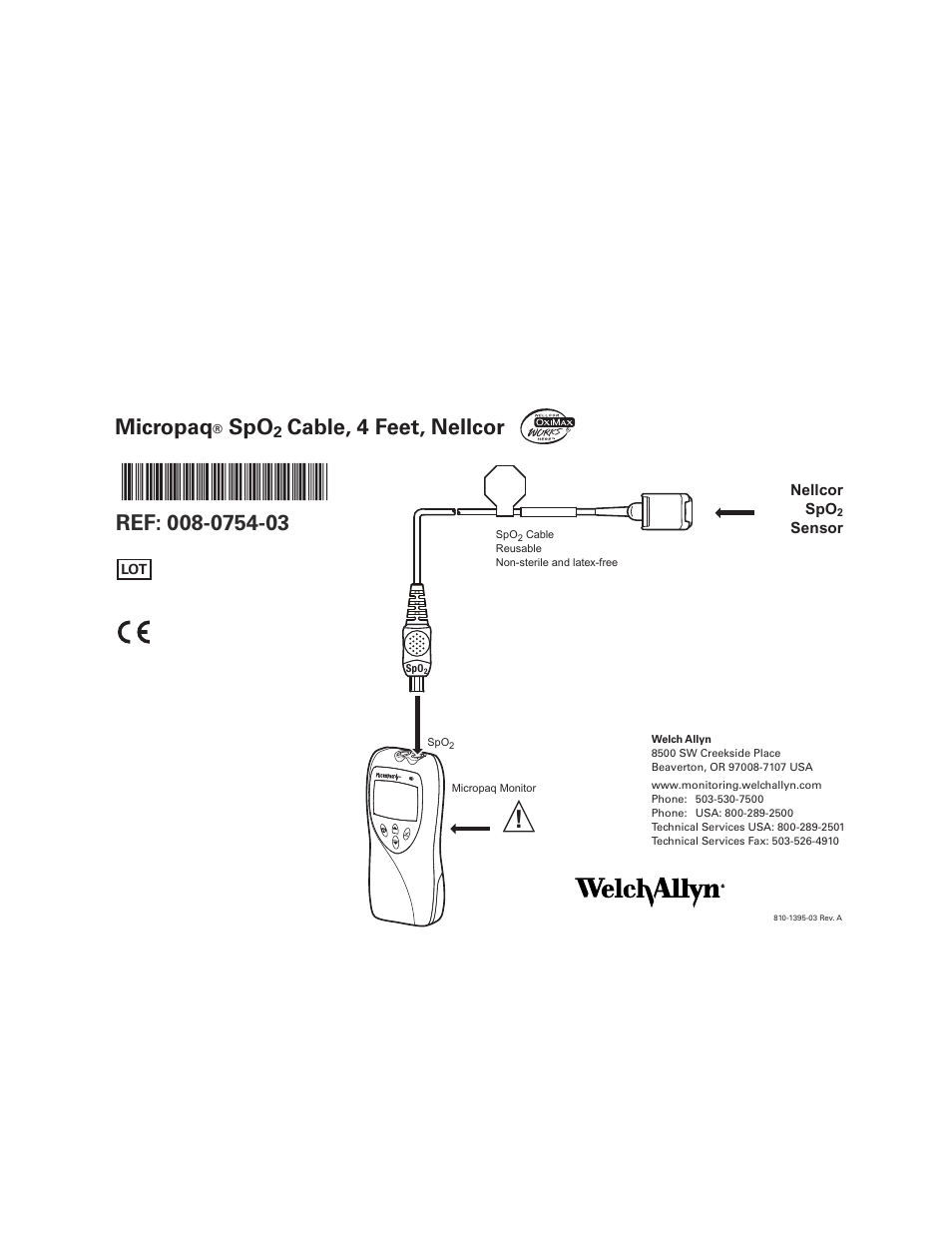 Welch Allyn Micropaq Spo2 Cable, 4 Feet, Nellcor - Quick Reference Guide User Manual | 1 page