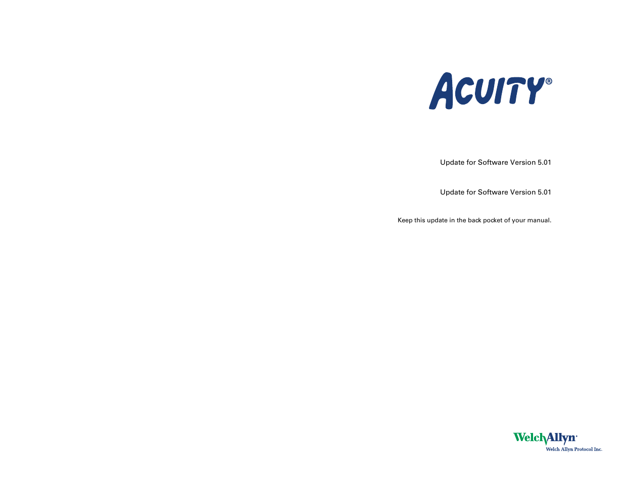 Welch Allyn Acuity Update For Software Version 5.01 - Quick Reference Guide User Manual | 2 pages
