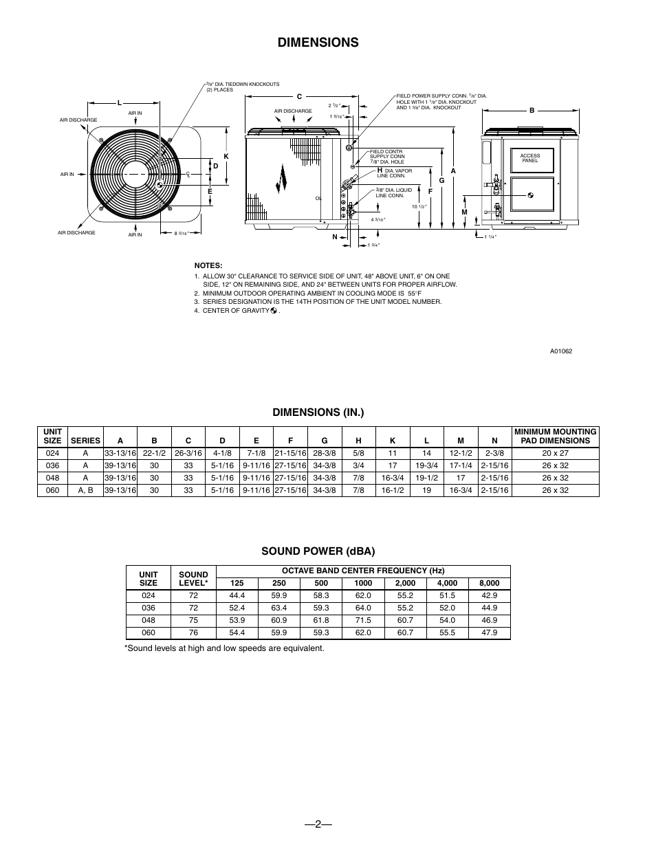 Dimensions, Dimensions (in.) sound power (dba) | Bryant PURON PLUS 598B User Manual | Page 2 / 40