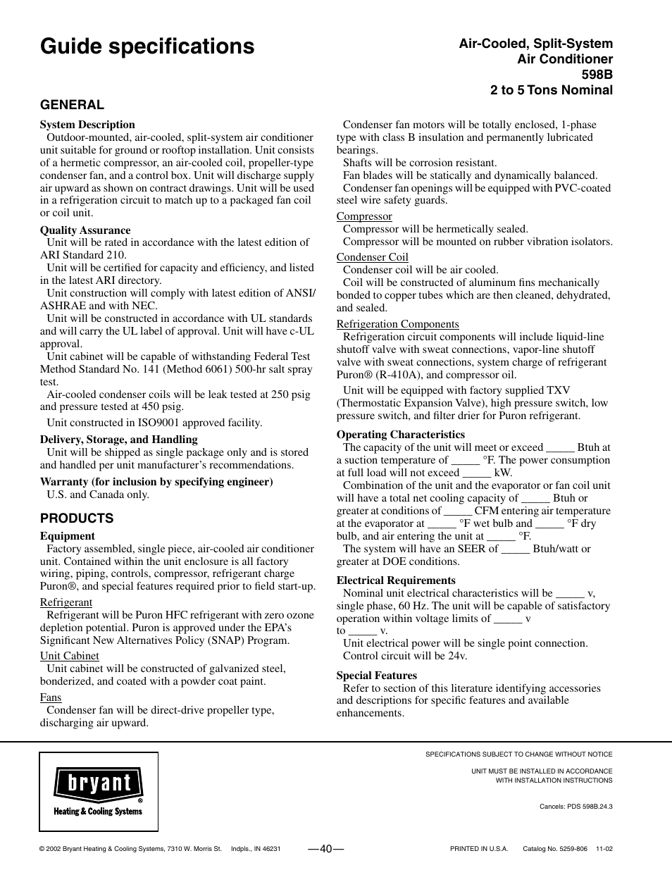 Guide specifications | Bryant PURON PLUS 598B User Manual | Page 40 / 40