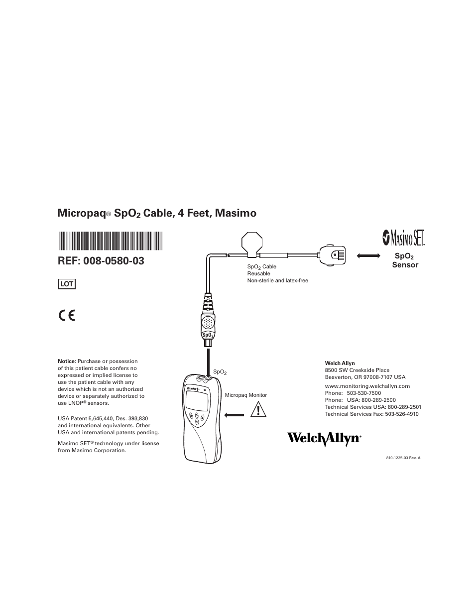 Welch Allyn Micropaq Spo2 Cable, 4 Feet, Masimo 008-0580-03 - Quick Reference Guide User Manual | 1 page