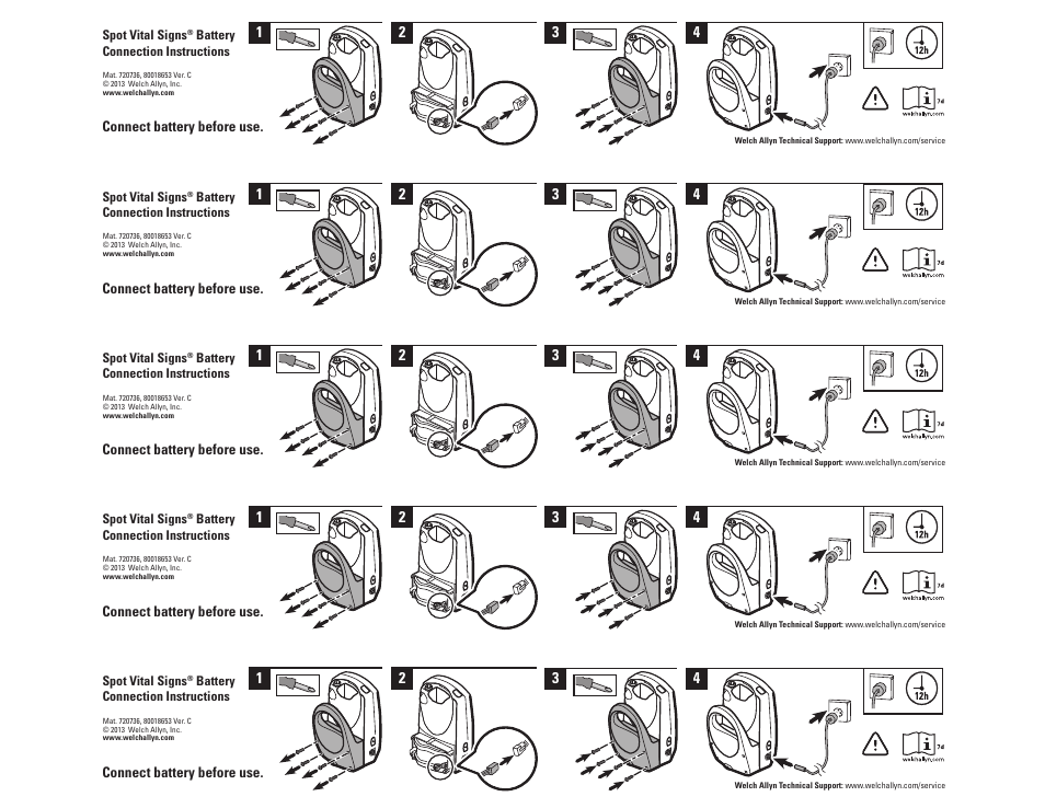 Welch Allyn Spot Vital Signs Monitor Initial Battery Connection - Quick Reference Guide User Manual | 1 page